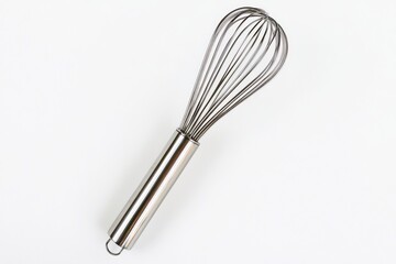 A shiny stainless steel whisk sits on a clean white background, showcasing its sleek design ideal for mixing ingredients in various culinary preparations