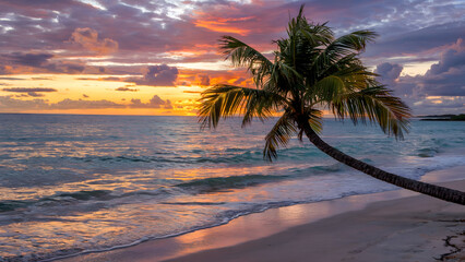 Fototapeta premium Striking single palm tree on a pristine tropical beach, casting a beautiful silhouette against a dramatic sunset, evoking paradise and tranquility