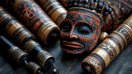 Intricate Carved Wooden Mask and Ritualistic Instruments