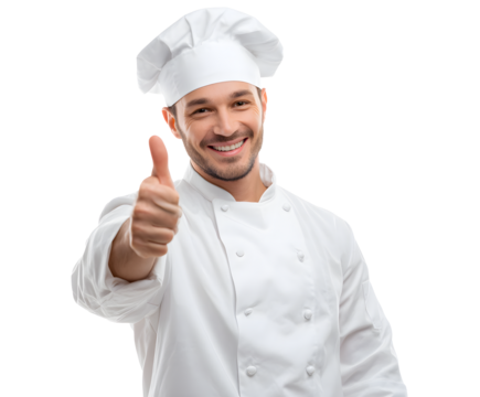 A smiling chef in uniform gives a thumbs up, signaling success and approval of his work.