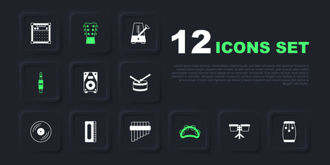 Set Bongo drum, Conga drums, Stereo speaker, Tambourine, Audio jack, Harmonica, Guitar neck and Pan flute icon. Vector