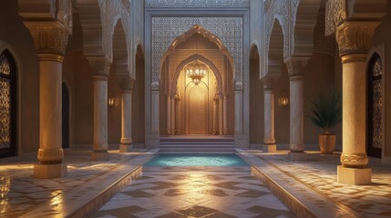 Opulent Indoor Oasis: Ornate Arches, Columns, and Tranquil Pool