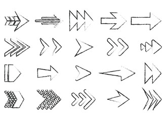 Set of simple lines hand drawn black arrows in various style. Bold brush drawn curved arrows. Hand drawn vector thick marker arrows. Arrow mark icons and arrow paint. Stock vector. EPS10.
