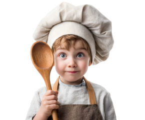 A young boy dressed as a chef holding a wooden spoon, ready to bake and cook.