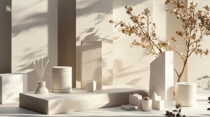 Geometric white sculpture composition with vases and light shadows in minimalist studio setting