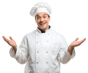 A friendly chef in white uniform, smiles with open arms, perfect for culinary concepts.