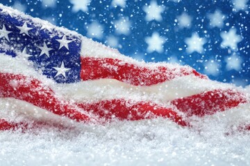 Snow covered american flag winter background