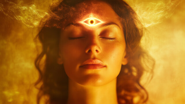 spiritual woman doing third eye meditation ajna chakra sixth chakra. opening third eye vision. connection to the universe
