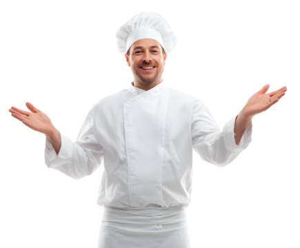 Smiling chef in a white uniform and toque, extending arms in a welcoming gesture of culinary expertise.