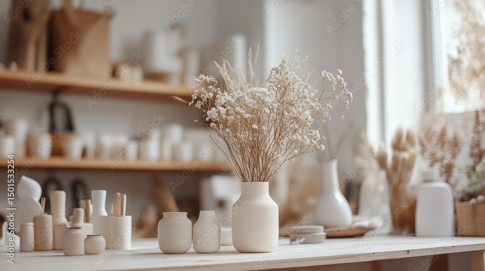Poster monochrome clay pottery on shelf in ceramic studio with soft light for handcrafted design display