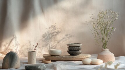 Minimalist ceramics and dried flowers in soft light for natural earth tone aesthetic home decor