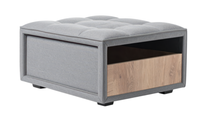 Stylish grey cube ottoman with wooden base, perfect for modern living room decor