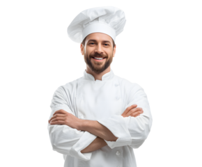 A smiling chef wearing a white uniform and hat, with crossed arms, ready for work.