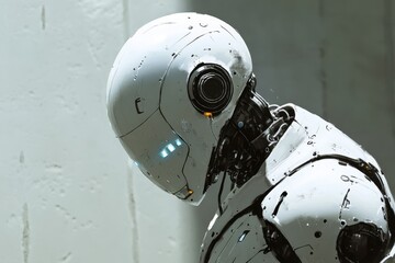 White Robot Depicts Solitary Contemplation