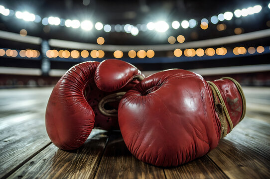 Classic boxing gloves resting in empty ring - Powered by Adobe