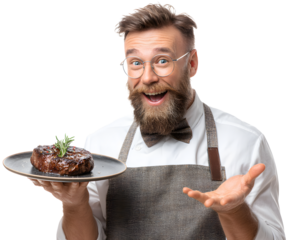 Excited waiter presents a perfectly cooked steak, ready for fine dining experience, smiling.