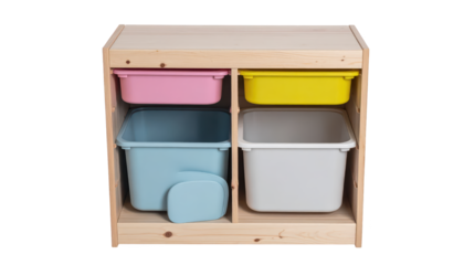Colorful plastic containers organized in wooden toy storage unit for kids playroom