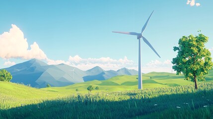 Low-poly model of wind turbine in a green field


