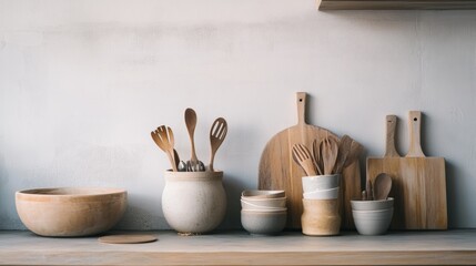 Wooden kitchen utensils on shelf with minimalist background for home cooking decor editorial image