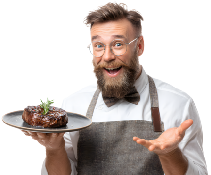Excited waiter presents a perfectly cooked steak, ready for fine dining experience, smiling.