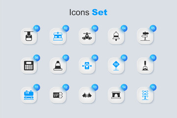 Set Railway tunnel, Traffic cone, station, Oil railway cistern, Railroad crossing, Arrow for switching the, Cable car and Route location icon. Vector