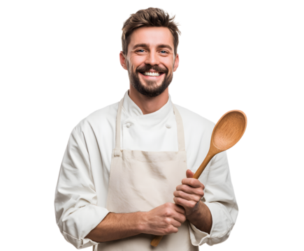 A friendly and cheerful chef in uniform holds a wooden spoon, ready to cook with a smile.