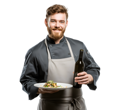 A cheerful chef presents a dish paired with wine, ideal for fine dining and culinary concepts.