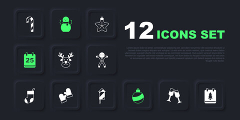 Set Glass of champagne, Christmas day calendar, Reindeer, ball, mittens, snowman and Firework rocket icon. Vector