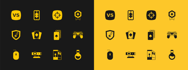 Set Game rating with medal, Web camera, Playing cards, Case of computer, Target sport, VS Versus battle and Mobile gaming icon. Vector