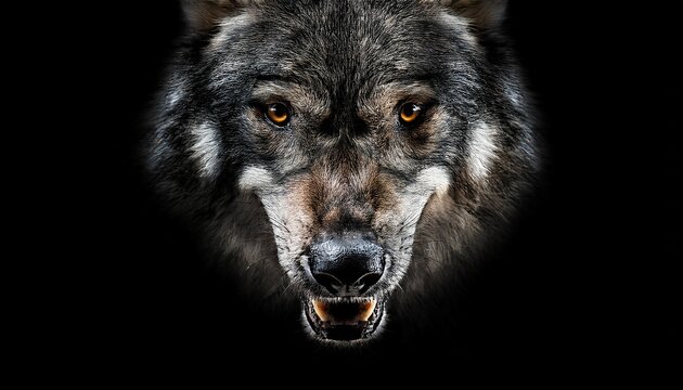 the muzzle of an evil wolf on a black background