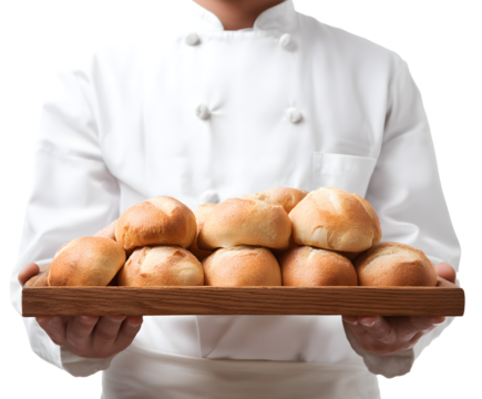 The baker presents a wooden tray filled with freshly baked golden-brown bread rolls. - Powered by Adobe