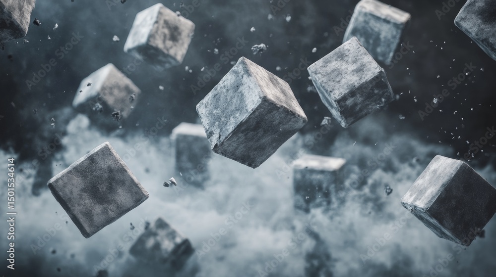 Poster floating metallic cubes in abstract background for futuristic 3d design geometry render digital conc