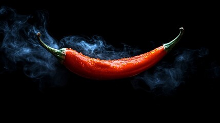 A vibrant red chili pepper, glistening with moisture, floats amidst ethereal blue smoke against a stark black background