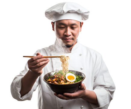 Asian chef with his delicious bowl of ramen ready to enjoy, focus on culinary skills.