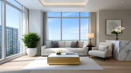 Fototapeta premium Modern Apartment Living Room Interior Design with Stunning Ocean View
