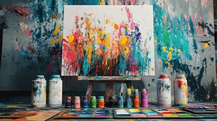 Artistic setup with colorful paint cans, palette samples, and splashes of color on canvas