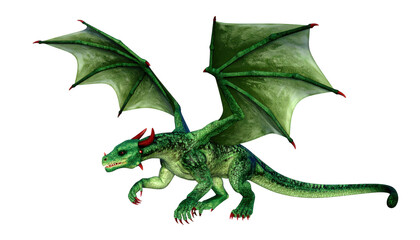 Fototapeta premium Majestic green dragon with fiery red wings soaring through the sky green
