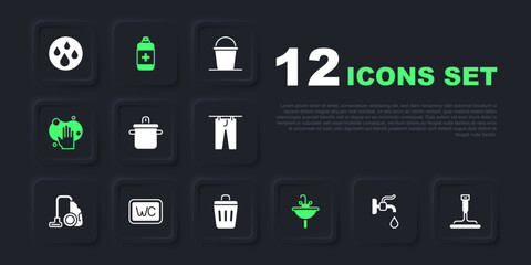 Set Water tap, Rubber cleaner for windows, Cooking pot, Washbasin, Sponge, Toilet, Antibacterial soap and Trash can icon. Vector