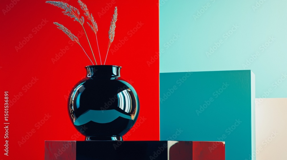Aufkleber vase with red stems on graphic color blocks minimal art background bold shape contrast abstract