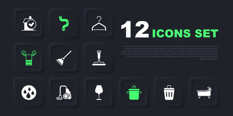 Set Trash can, Bathtub, Rubber plunger, Cooking pot, Towel on hanger, Vacuum cleaner, Industry metallic pipe and Wine glass icon. Vector