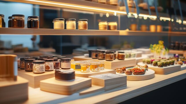 Modern bakery counter with glass jars and lighting fresh pastries interior display artisan food retail
