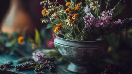 Rustic herbal bowl arrangement with dark background fresh plants spices cooking healthy organic food scene