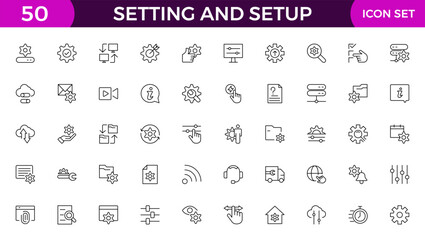 Setting and setup Solid icon collection. app and website settings icon set. options, configuration, preferences, adjustments, tools, gear, control panel, management, and productivity icons.