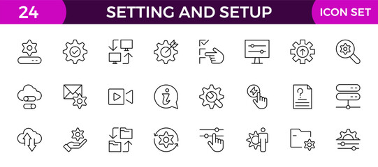 Setting and setup Solid icon collection. app and website settings icon set. options, configuration, preferences, adjustments, tools, gear, control panel, management, and productivity icons.