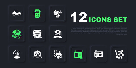 Set Motherboard, Neural network, Cloud database, Browser window, Computer vision, Internet piracy, Artificial intelligence robot and Cyber security icon. Vector