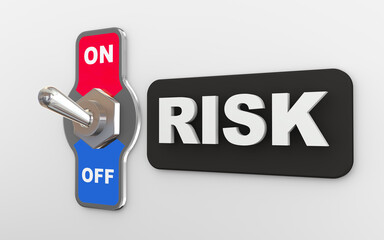 3d render illustration of a on off toggle switch with the word text "RISK". The switch is in the "OFF" position, indicating that the risk is currently turned off.