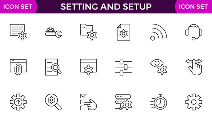 Setting and setup Solid icon collection. app and website settings icon set. options, configuration, preferences, adjustments, tools, gear, control panel, management, and productivity icons.