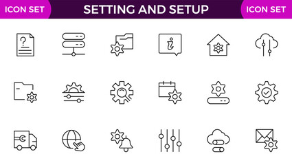 Setting and setup Solid icon collection. app and website settings icon set. options, configuration, preferences, adjustments, tools, gear, control panel, management, and productivity icons.