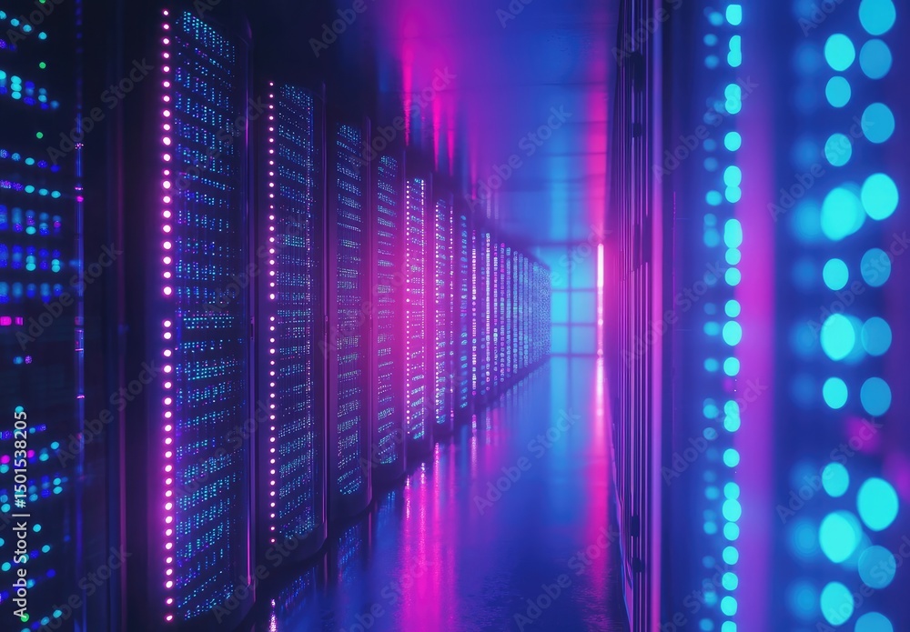 Poster futuristic data center corridor with glowing server racks in neon pink and blue lighting, perfect fo
