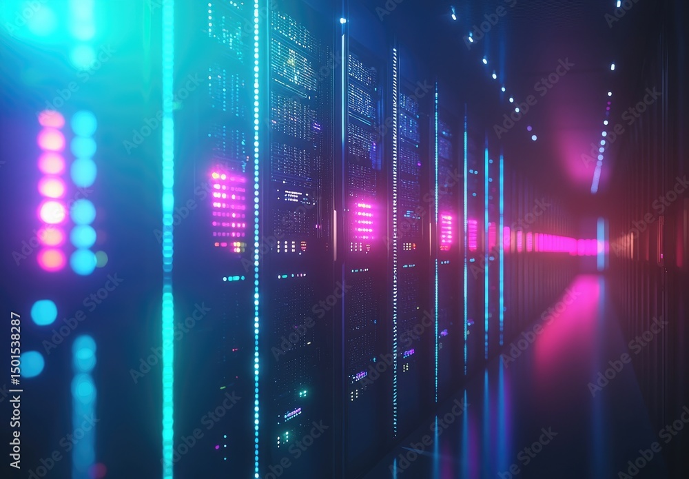 Aufkleber Blurred depth of field view of glowing server racks in a dark neon-lit corridor, ideal for modern IT infrastructure, cloud platforms, and cybersecurity visualizations